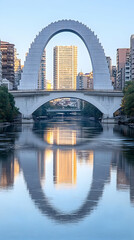 Naklejka premium Arch Bridge Cityscape Reflection Photo