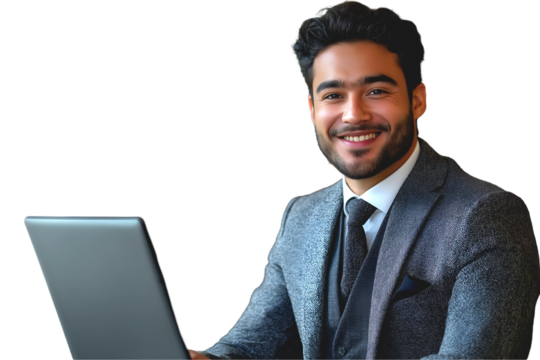 Young Businessman working on laptop and smiling. Successful happy CEO working online, isolated on transparent background