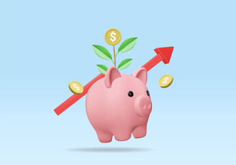Obraz premium 3D vector render illustration of savings and financial growth concept icon. There is a pink piggy bank. Tree growing from gold coin with green leaves and a red arrow rising