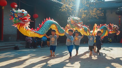 Young children learning dragon dance moves, their small hands grasping colorful dragon segments in a sunlit courtyard.