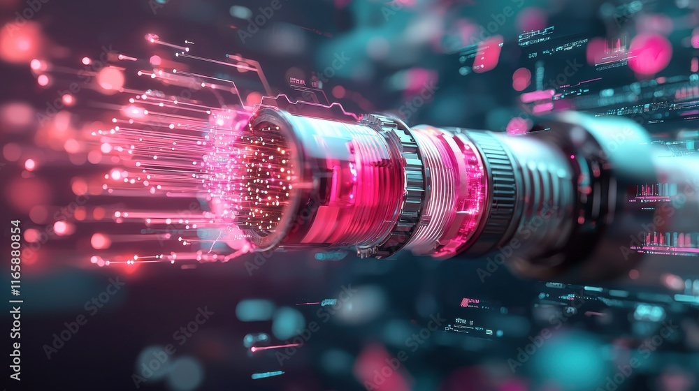 Poster a vibrant, futuristic image depicting a high-tech device emitting colorful digital particles and dat