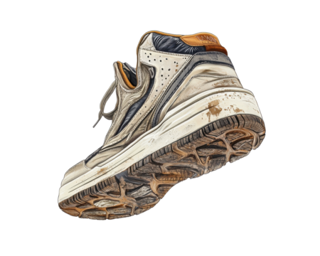 Worn-out sneaker with visible dirt on a white isolated background.