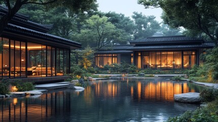 Obraz premium Serene Asian-style homes with illuminated interiors reflected in a tranquil pond at dusk.