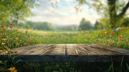 Fototapeta premium Wooden table in a meadow surrounded by vibrant wildflowers under a sunny spring sky. Rustic and serene countryside setting with natural beauty.