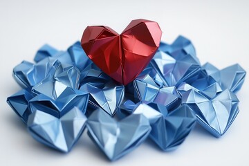 Single red origami heart rises above a group of blue origami hearts