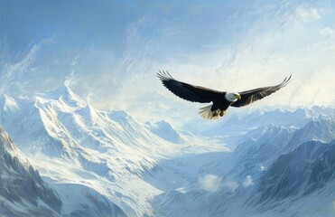 Fototapeta premium Bald eagle flying over Alaskan mountains, with a winter snow-capped mountain range in the background