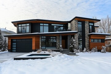 Modern architectural design of a house in winter with snow-covered yard and elegant landscaping features