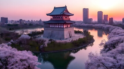 Fototapeta premium Sunset Pagoda, Cherry Blossoms, Cityscape