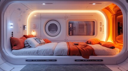 Fototapeta premium Futuristic bedroom interior design with curved walls, orange accents, and a comfortable bed.