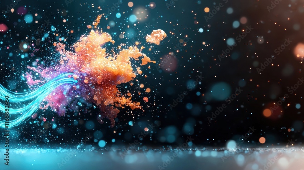 Poster a vibrant explosion of colors and particles, creating a dynamic and artistic visual effect against a