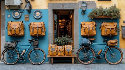Charming European shopfront with outdoor display of bicycles and backpacks.