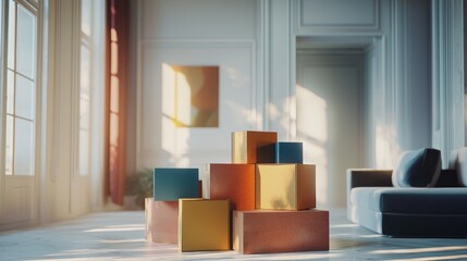 Sunlit Living Room with Stacked Colorful Boxes