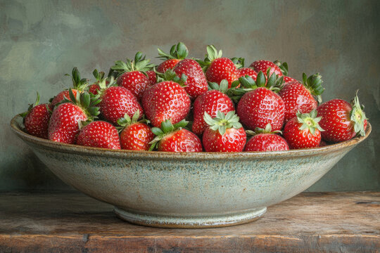 A rustic ceramic bowl overflowing with fresh  ripe strawberries  a vibrant summer harvest.