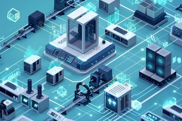 Smart factory setup with interconnected IoT devices, AI systems controlling production processes and monitoring efficiency.