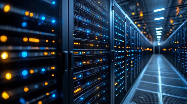 Data center server room with rows of illuminated racks.