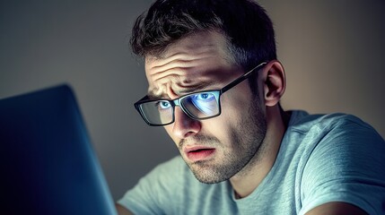 Obraz premium man with glasses having eyesight problems confused with laptop software