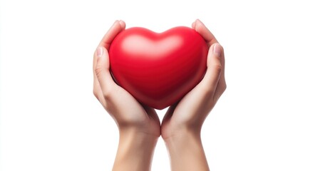 Obraz premium Close-up of hands holding a red heart, isolated on a white background