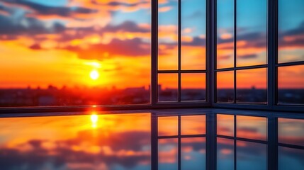 Fototapeta premium City sunset reflected in modern interior windows.