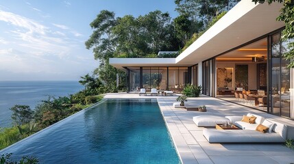 Fototapeta premium Modern luxury villa with infinity pool overlooking ocean.