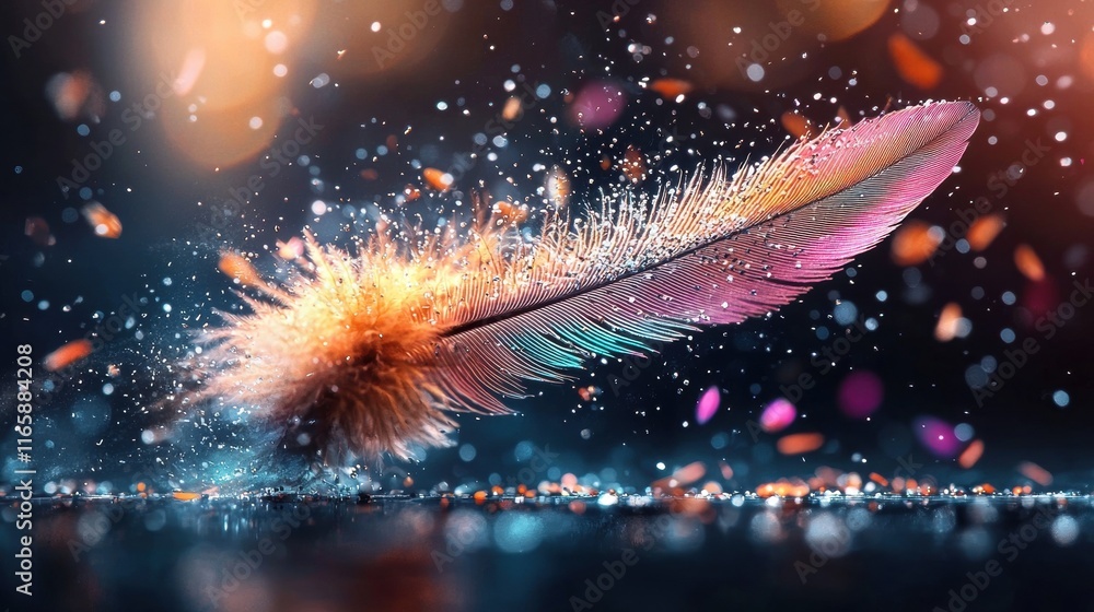 Poster a vibrant feather floats gracefully amidst colorful sparkles and soft bokeh effects, creating a magi