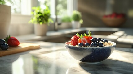 A mid-level view of an oatmeal bowl with blueberries, strawberries, and honey drizzle, placed on a sunny kitchen counter