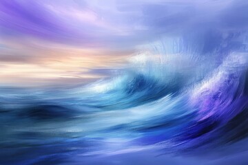 Waves crash at sunset, blending hues of blue and purple across the ocean horizon in a serene landscape