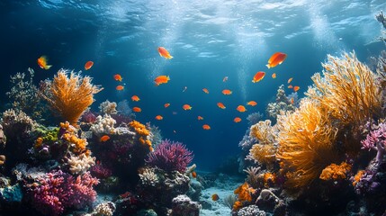 A vibrant coral reef teeming with colorful marine life, showcasing the beauty of the underwater world