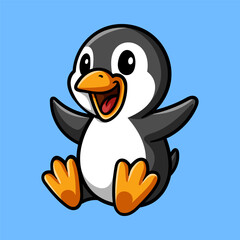 fun penguin with sliding pose cartoon character isolated colored drawing line art style sketch classic vintage design illustration
