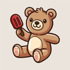 cute teddy bear hold ice cream cartoon isolated colored drawing line art style sketch classic vintage design illustration