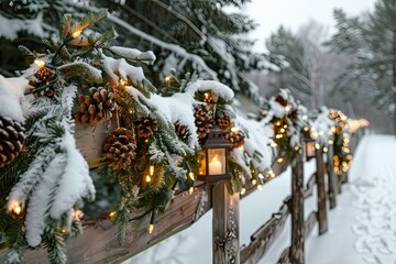 Naklejka premium Festive Christmas garland with glowing lights beautifully decorating a cozy space.