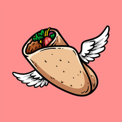 flying big burrito isolated colored drawing line art style sketch classic vintage design illustration