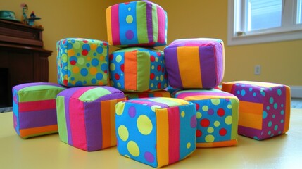 Colorful soft blocks stacked playfully in a bright room.