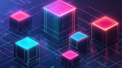 Fototapeta premium Create a generative AI abstract illustration featuring a network of geometric shapes and structures in vibrant neon colors, such as electric blue, magenta, cyan, and lime green