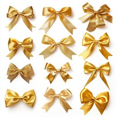 Assorted Golden Bows with Shiny Metallic Texture, Highlighting Elegant Festive Decoration, Luxurious Gift Wrapping, and Stylish Ornamental Appeal