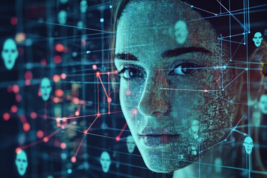 Woman interacts with digital interface featuring facial recognition technology in futuristic environment