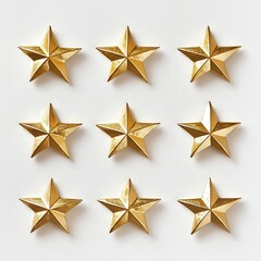 Obraz premium Symmetrical Grid of Nine Shiny Gold Stars on a White Background, Highlighting Elegance, Geometric Design, and Decorative Minimalist Aesthetic