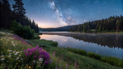 A summer landscape view with yellow blue frosty flowers of the Milky Way reflecting in a lake. A calm lake reflecting a night sky with a milky way, surrounded by dark trees.
