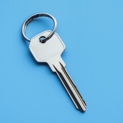 Silver Metal Key with Keyring on a Blue Background, Highlighting Shiny Minimalist Design, Security, and Modern Simplicity in a Close-Up View