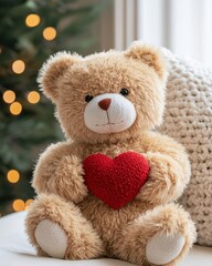 Cozy indoor teddy bear holding a heart soft lighting cute decoration warm atmosphere