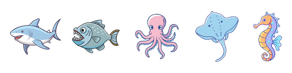 Cartoon Illustration of Ocean Animals - Hand-drawn illustrations of a shark, piranha, octopus, stingray, and seahorse, showcasing vibrant and playful marine life designs.