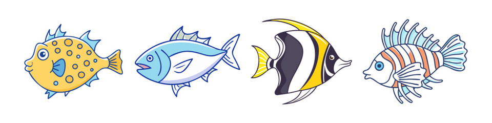 Cartoon Illustration of Colorful Tropical Fish - Hand-drawn illustrations of four vibrant tropical fish species, including pufferfish and angelfish, arranged in a playful and colorful style.