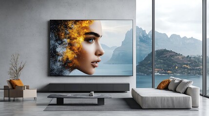 A high-definition digital screen presenting multimedia content with vibrant colors and perfect clarity, in a modern minimalist home, ultra-realistic, photo-realistic, highly detailed, 