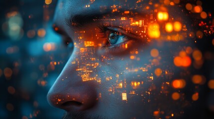 Man's face overlaid with glowing circuit board design, bokeh lights.