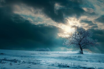 Beautiful winter landscape with snow covered road and cloudy sky at sunset