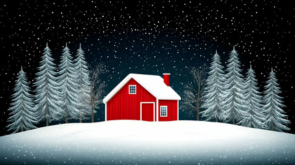 Naklejka premium Snowy Night Red Cabin 3D Illustration