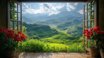Fototapeta premium Mountain view from open window with red flowers.