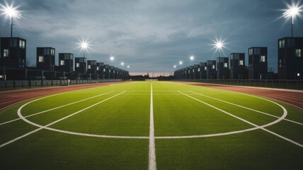 Obraz premium A brightly lit soccer field surrounded by urban buildings and trees during twilight, showcasing a peaceful yet competitive atmosphere.