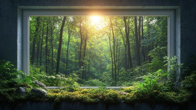 Fototapeta Sunlit forest scene viewed through a window, framed by lush greenery.