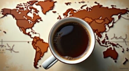 Cup of coffee with a map of the world in the background