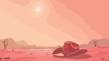 Cowboy Hat Vector Flat Illustration with Cactus and Sunset Silhouette